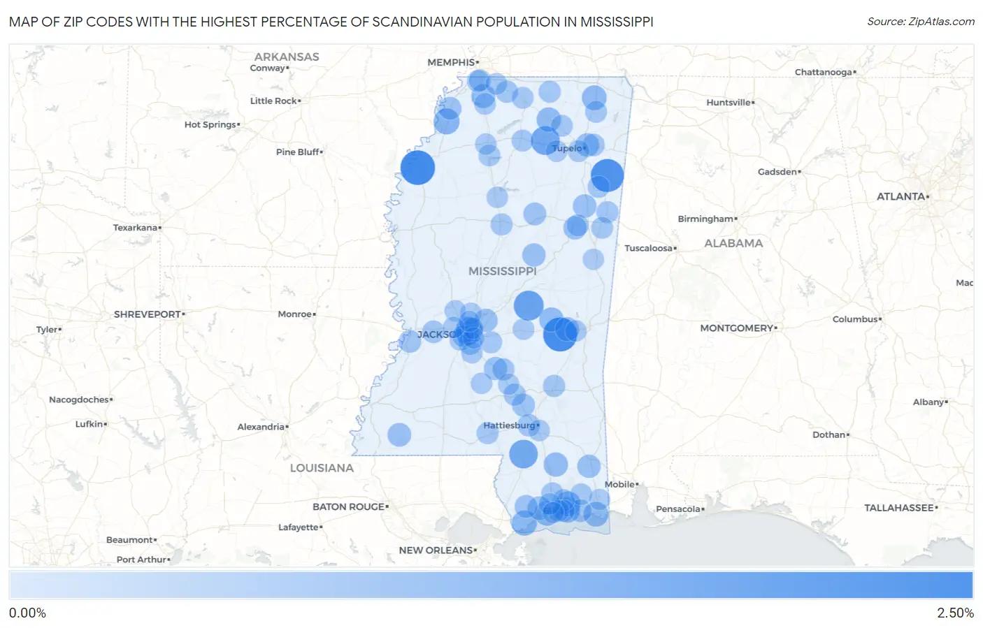 Zip Codes with the Highest Percentage of Scandinavian Population in Mississippi Map