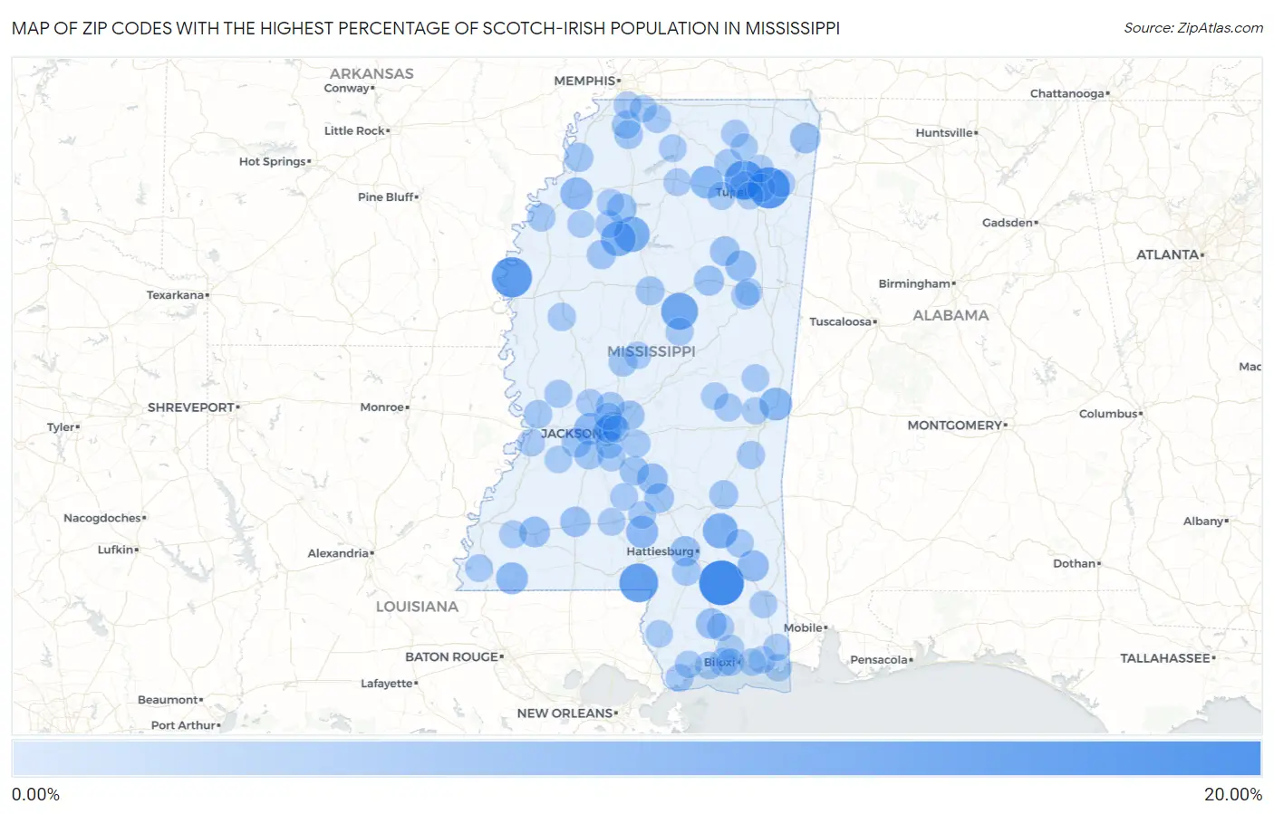 Zip Codes with the Highest Percentage of Scotch-Irish Population in Mississippi Map