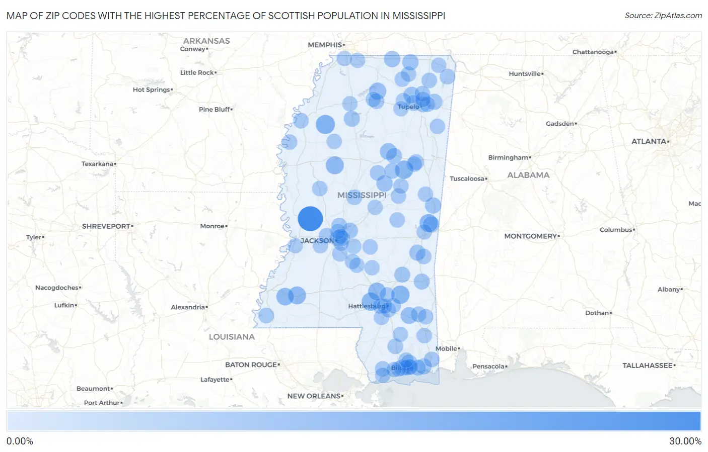 Zip Codes with the Highest Percentage of Scottish Population in Mississippi Map