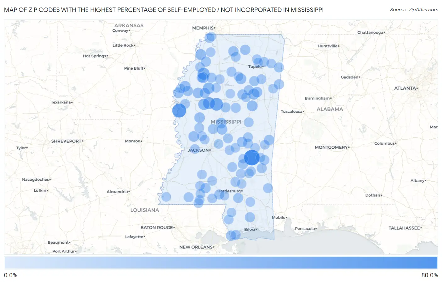 Zip Codes with the Highest Percentage of Self-Employed / Not Incorporated in Mississippi Map