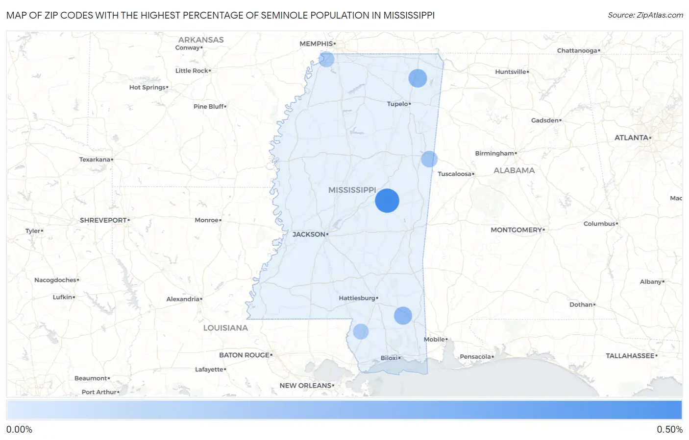 Zip Codes with the Highest Percentage of Seminole Population in Mississippi Map