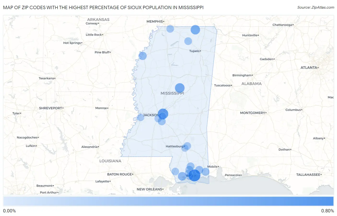 Zip Codes with the Highest Percentage of Sioux Population in Mississippi Map