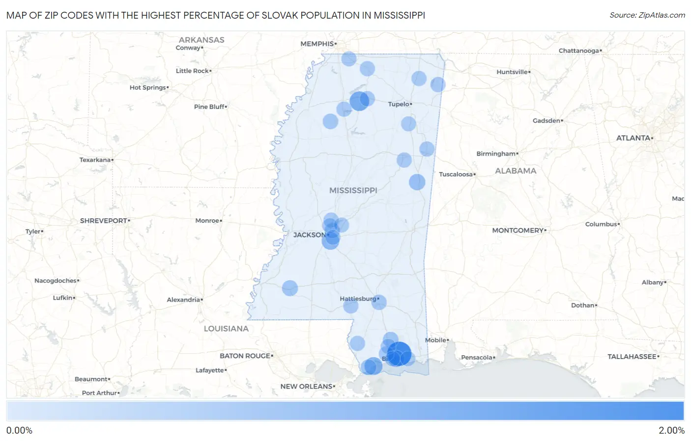 Zip Codes with the Highest Percentage of Slovak Population in Mississippi Map