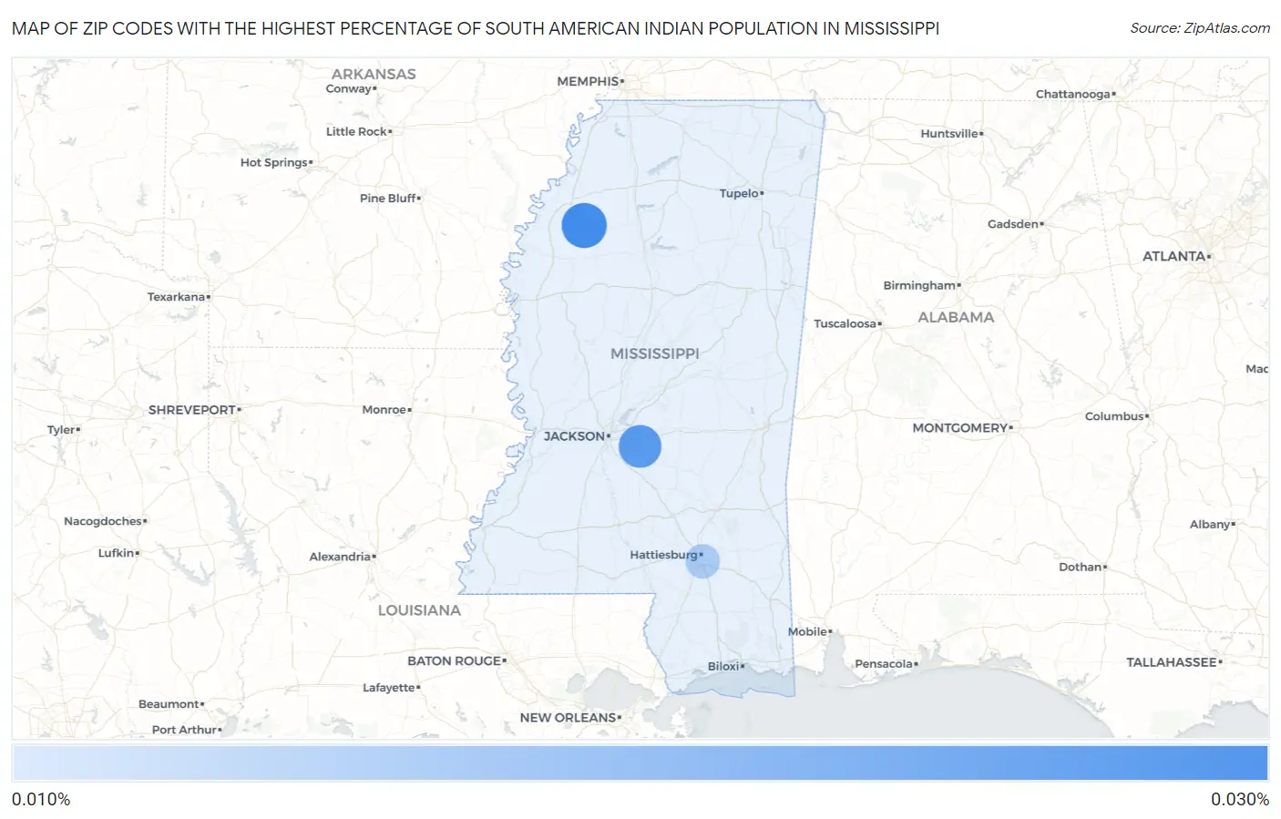 Zip Codes with the Highest Percentage of South American Indian Population in Mississippi Map