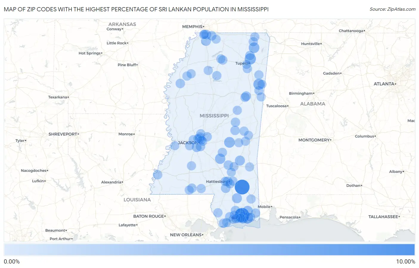 Zip Codes with the Highest Percentage of Sri Lankan Population in Mississippi Map