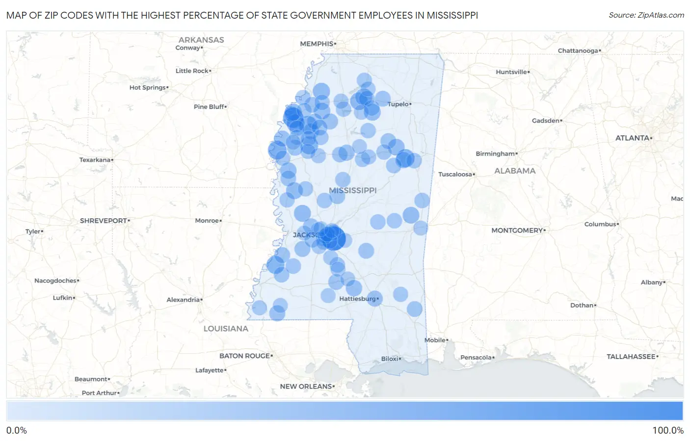 Zip Codes with the Highest Percentage of State Government Employees in Mississippi Map