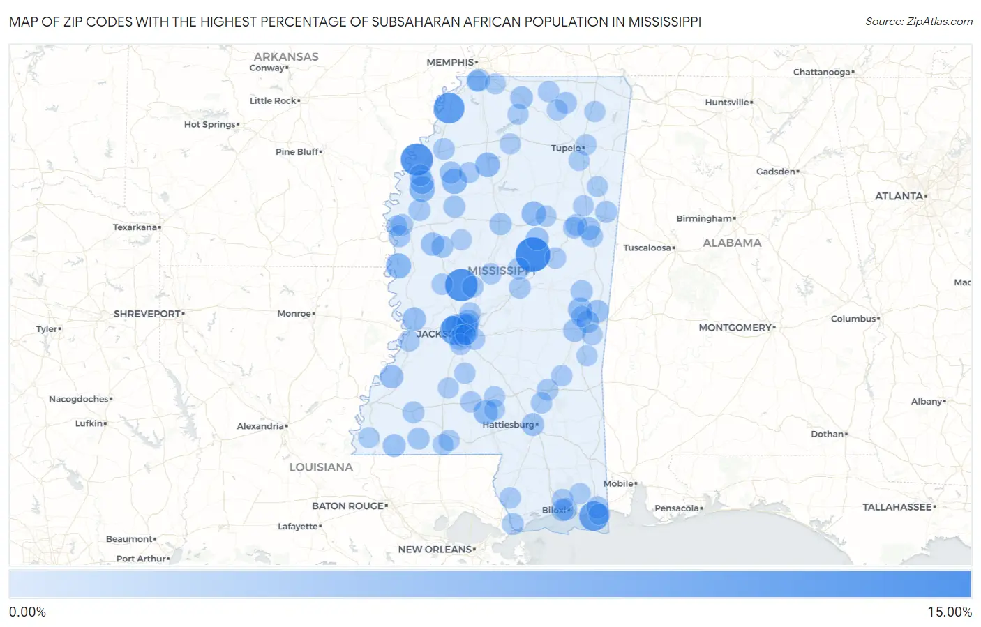 Zip Codes with the Highest Percentage of Subsaharan African Population in Mississippi Map
