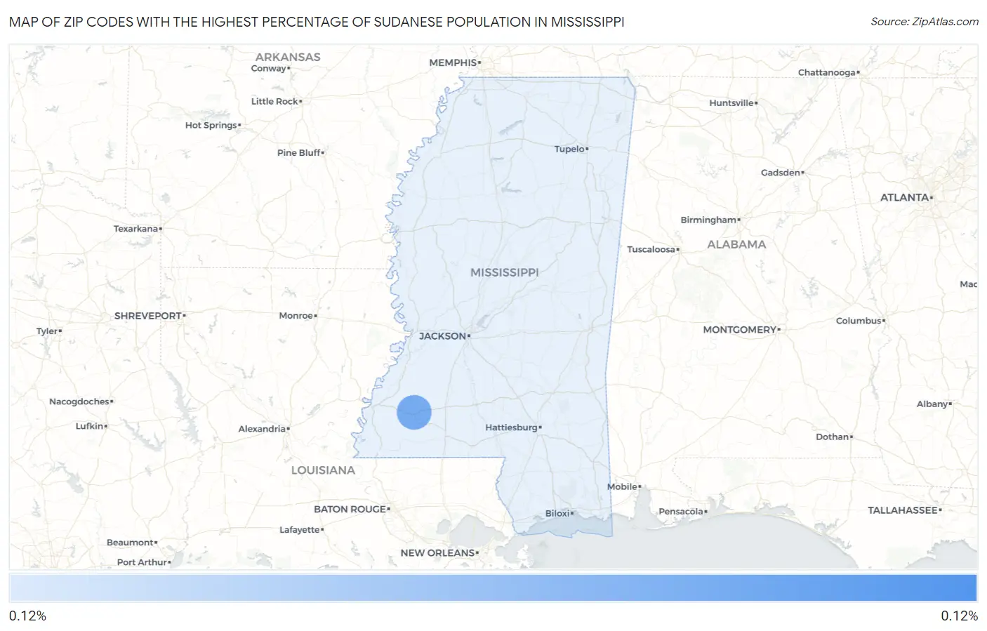 Zip Codes with the Highest Percentage of Sudanese Population in Mississippi Map