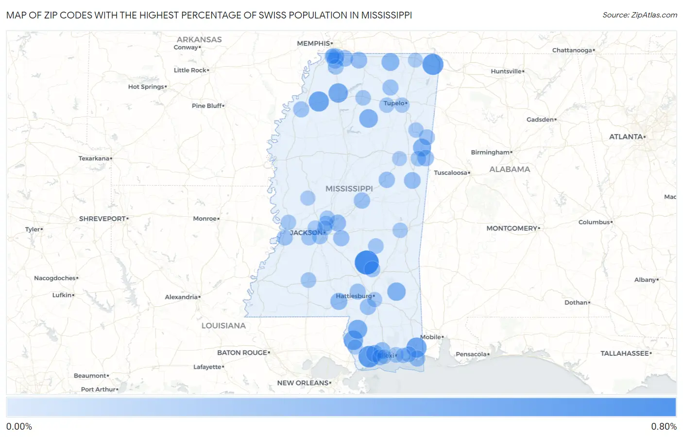 Zip Codes with the Highest Percentage of Swiss Population in Mississippi Map