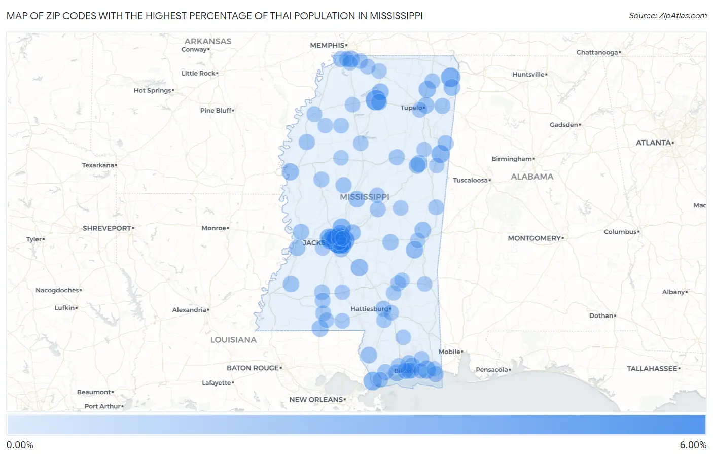 Zip Codes with the Highest Percentage of Thai Population in Mississippi Map