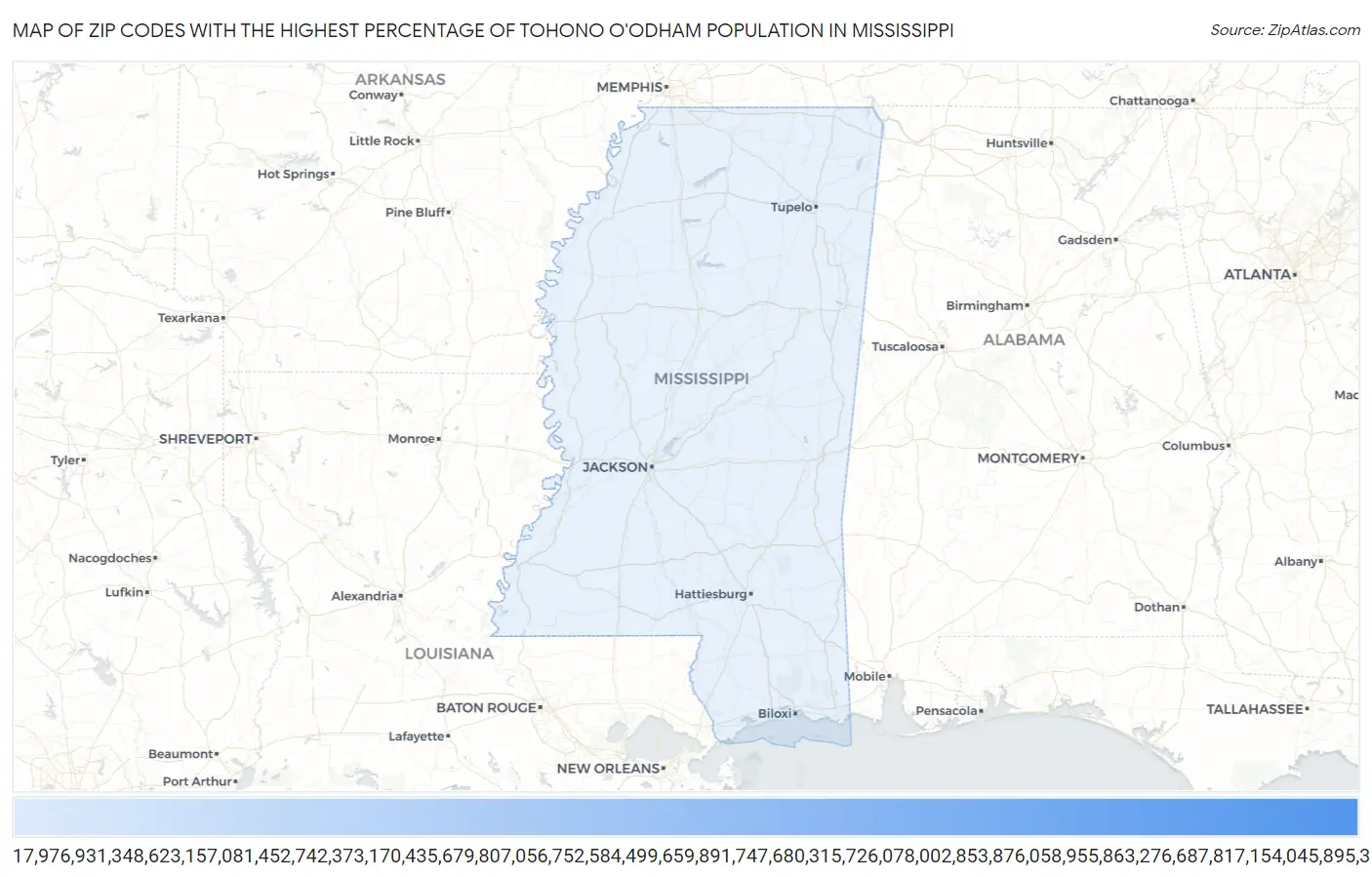 Zip Codes with the Highest Percentage of Tohono O'Odham Population in Mississippi Map