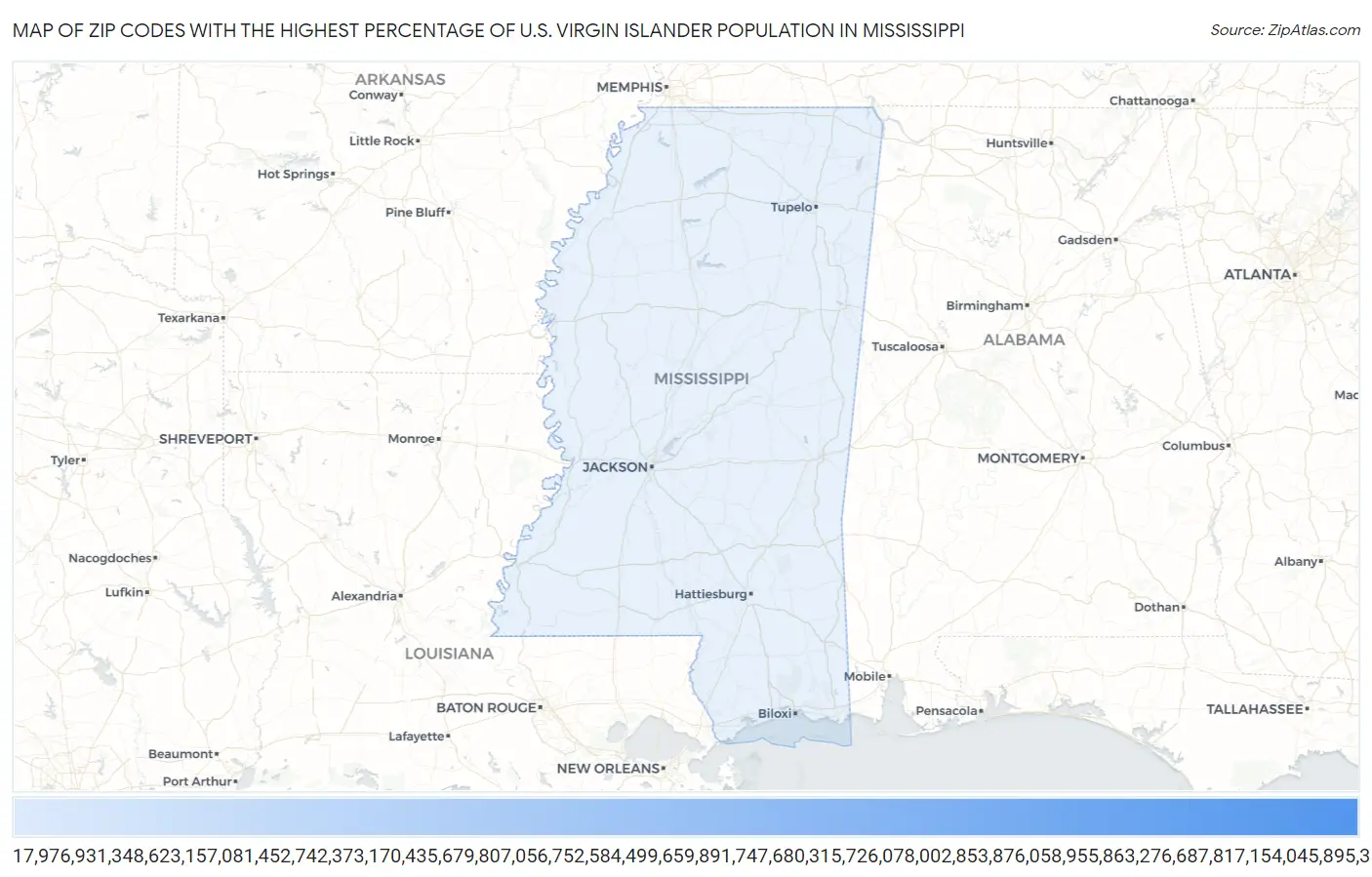 Zip Codes with the Highest Percentage of U.S. Virgin Islander Population in Mississippi Map