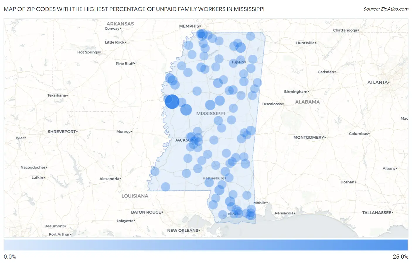 Zip Codes with the Highest Percentage of Unpaid Family Workers in Mississippi Map