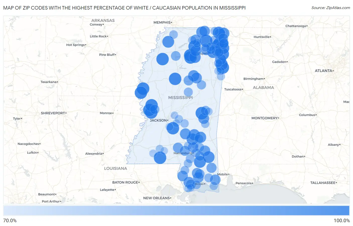 Zip Codes with the Highest Percentage of White / Caucasian Population in Mississippi Map