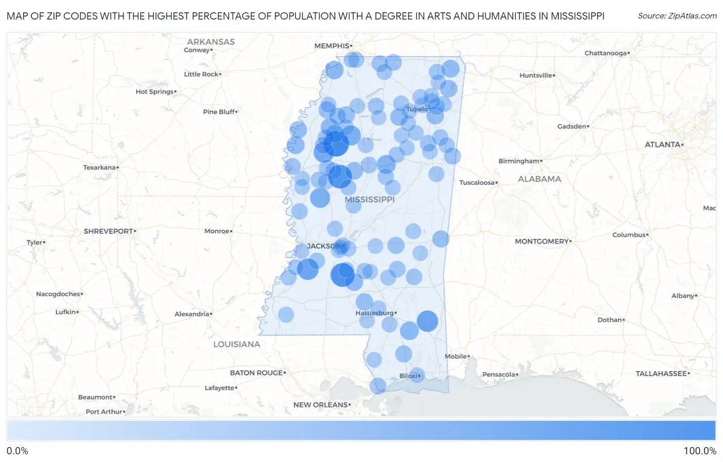 Zip Codes with the Highest Percentage of Population with a Degree in Arts and Humanities in Mississippi Map