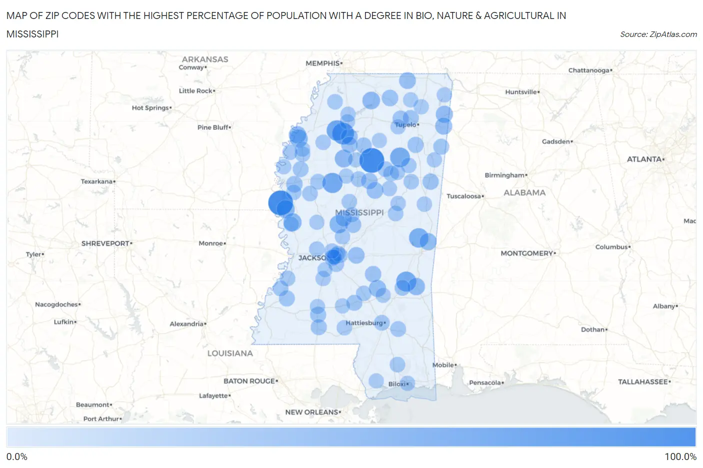 Zip Codes with the Highest Percentage of Population with a Degree in Bio, Nature & Agricultural in Mississippi Map