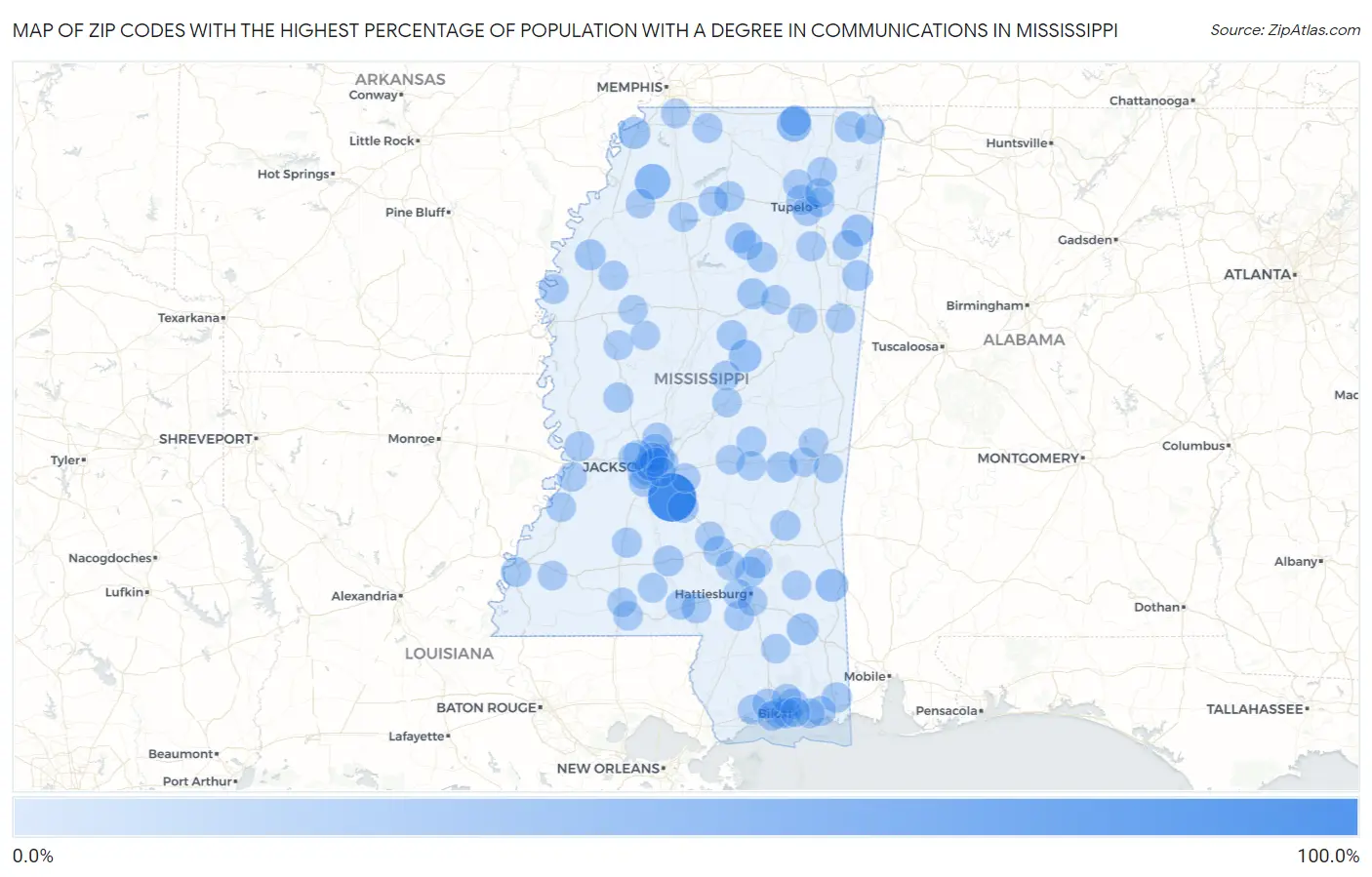 Zip Codes with the Highest Percentage of Population with a Degree in Communications in Mississippi Map