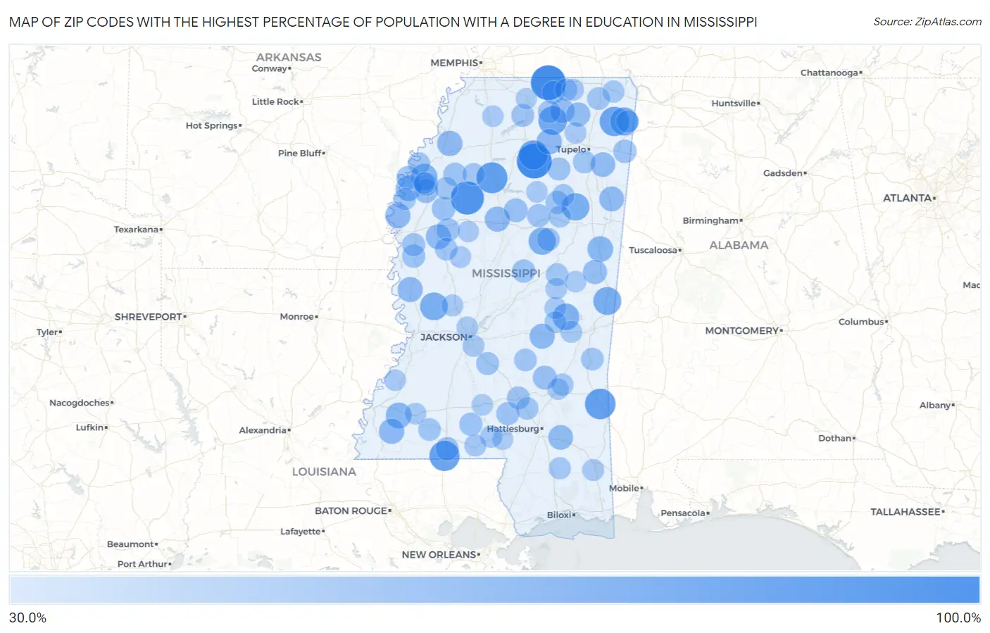 Zip Codes with the Highest Percentage of Population with a Degree in Education in Mississippi Map