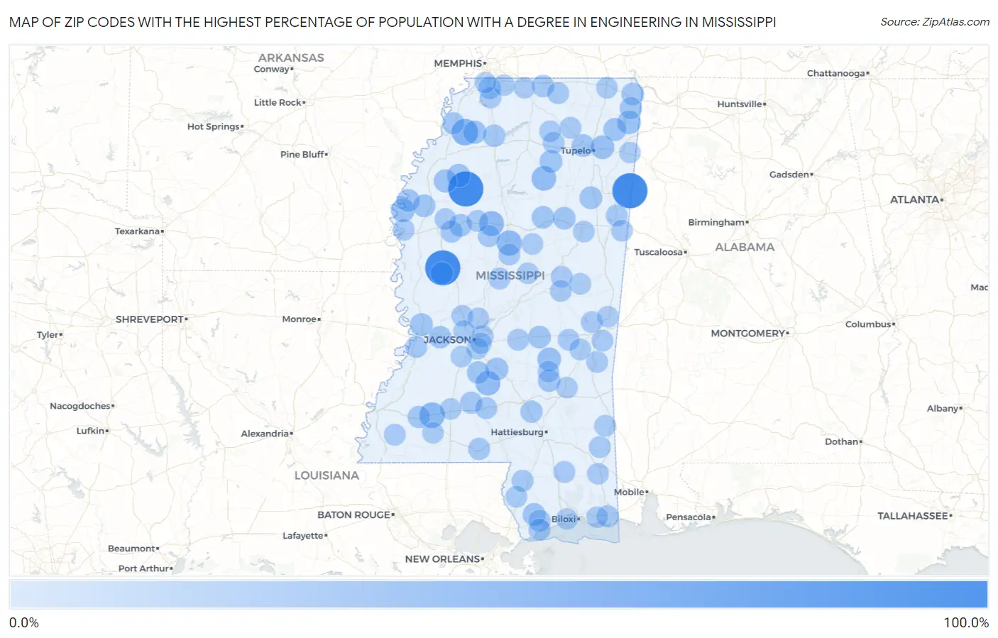 Zip Codes with the Highest Percentage of Population with a Degree in Engineering in Mississippi Map