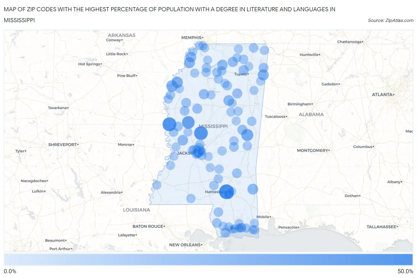 Zip Codes with the Highest Percentage of Population with a Degree in Literature and Languages in Mississippi Map