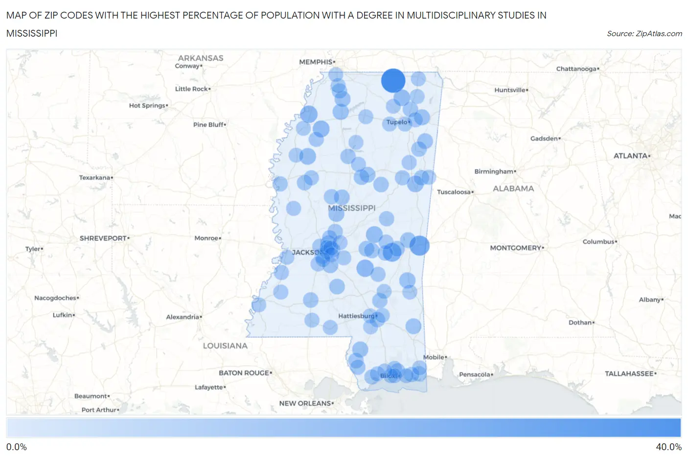 Zip Codes with the Highest Percentage of Population with a Degree in Multidisciplinary Studies in Mississippi Map