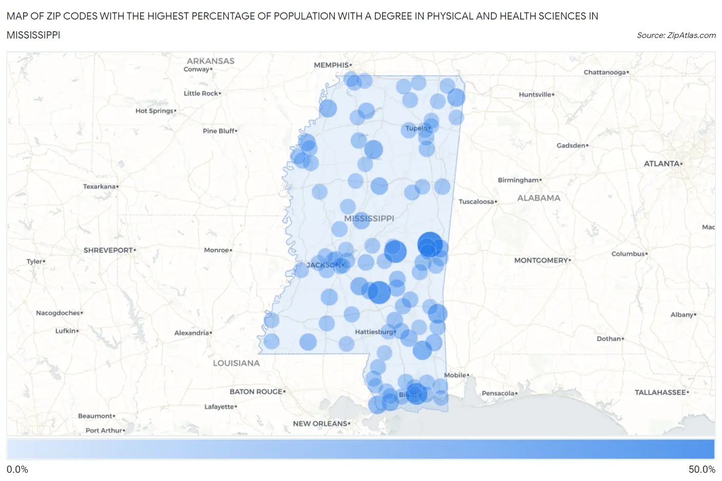 Zip Codes with the Highest Percentage of Population with a Degree in Physical and Health Sciences in Mississippi Map