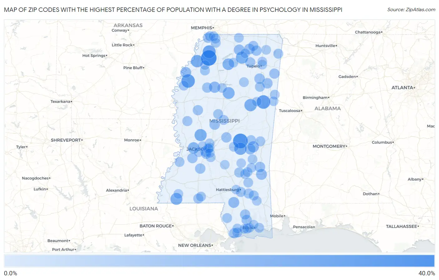 Zip Codes with the Highest Percentage of Population with a Degree in Psychology in Mississippi Map