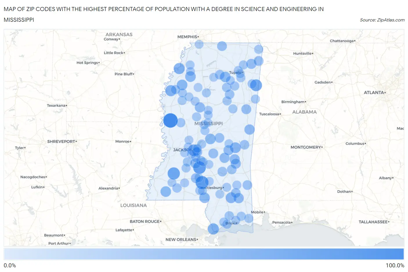 Zip Codes with the Highest Percentage of Population with a Degree in Science and Engineering in Mississippi Map