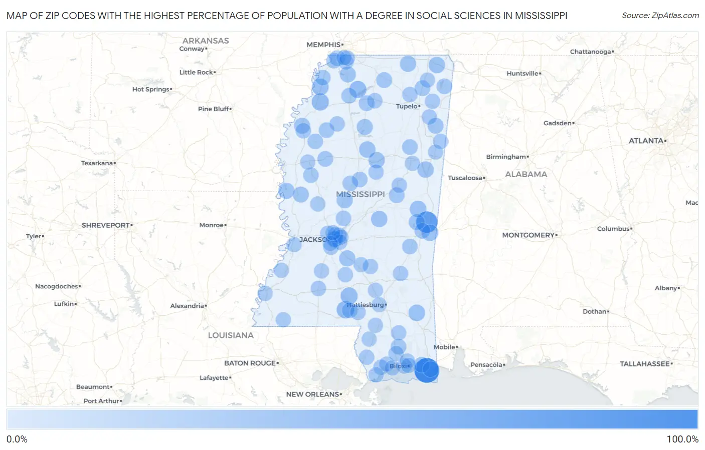Zip Codes with the Highest Percentage of Population with a Degree in Social Sciences in Mississippi Map