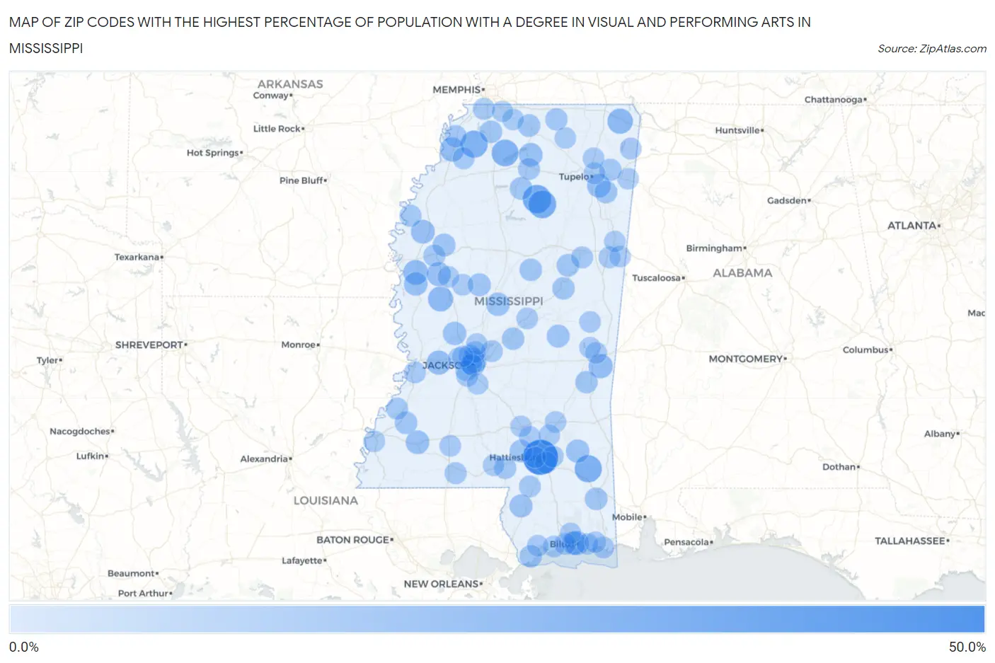 Zip Codes with the Highest Percentage of Population with a Degree in Visual and Performing Arts in Mississippi Map