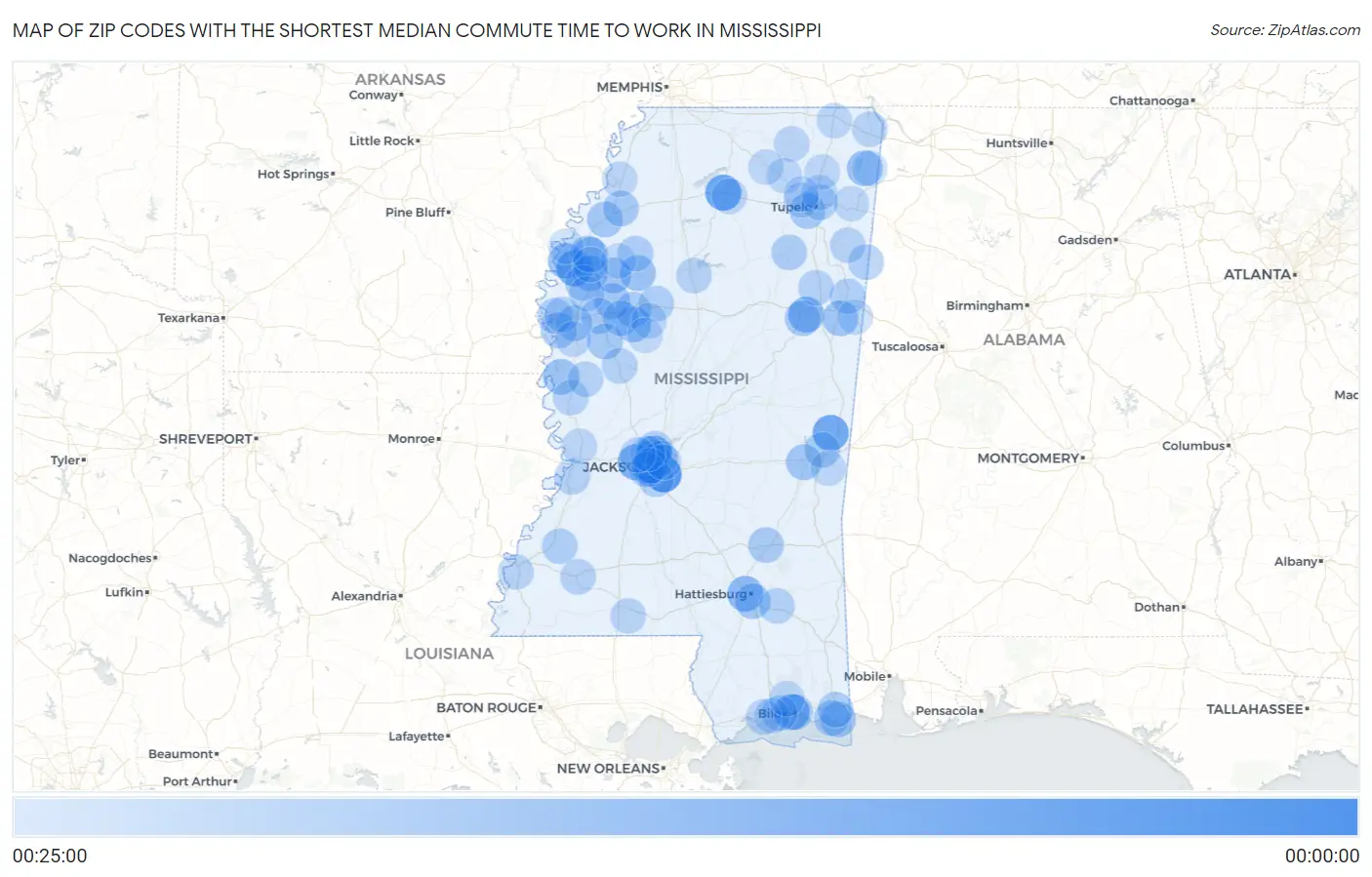 Zip Codes with the Shortest Median Commute Time to Work in Mississippi Map