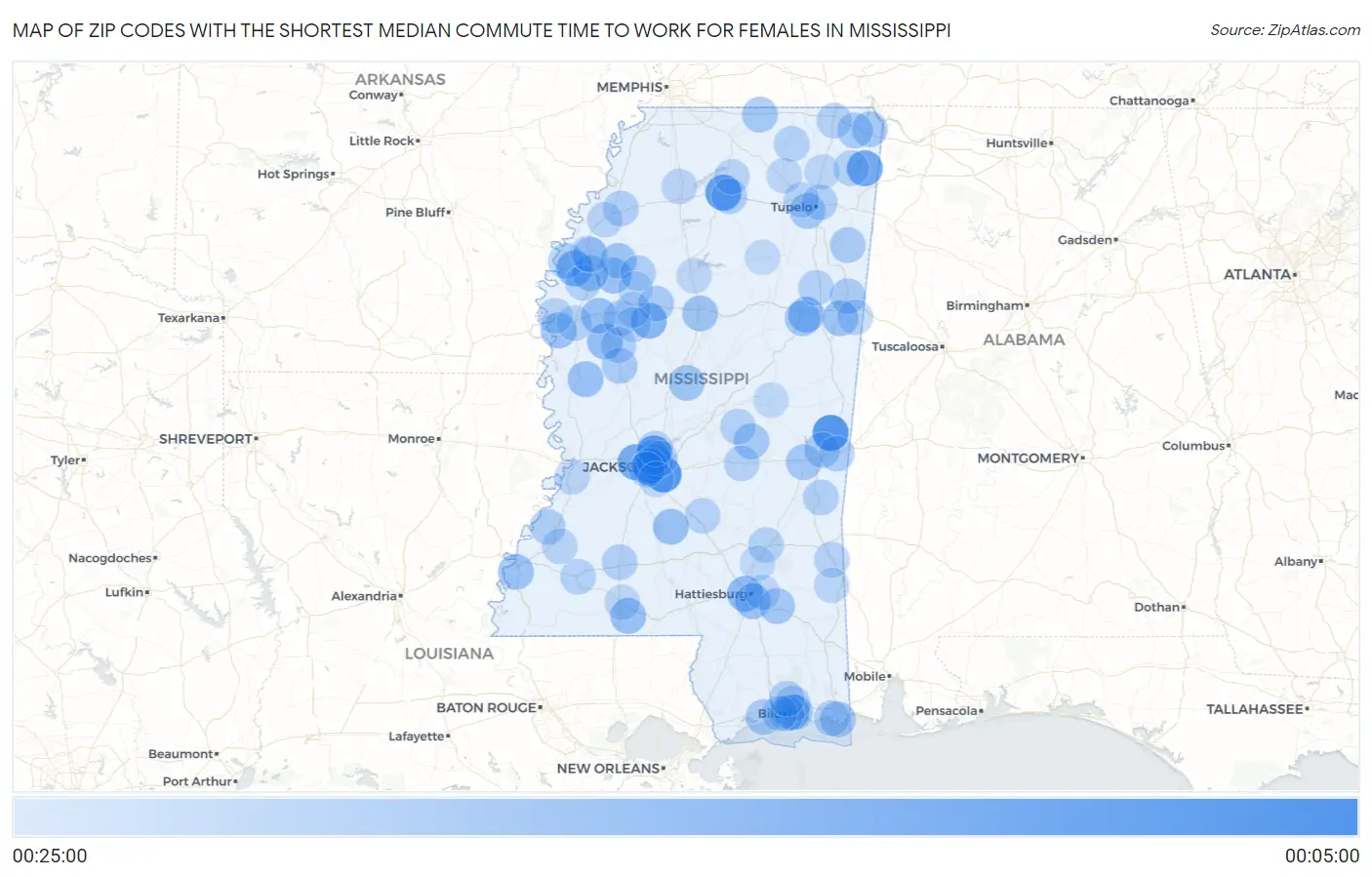 Zip Codes with the Shortest Median Commute Time to Work for Females in Mississippi Map