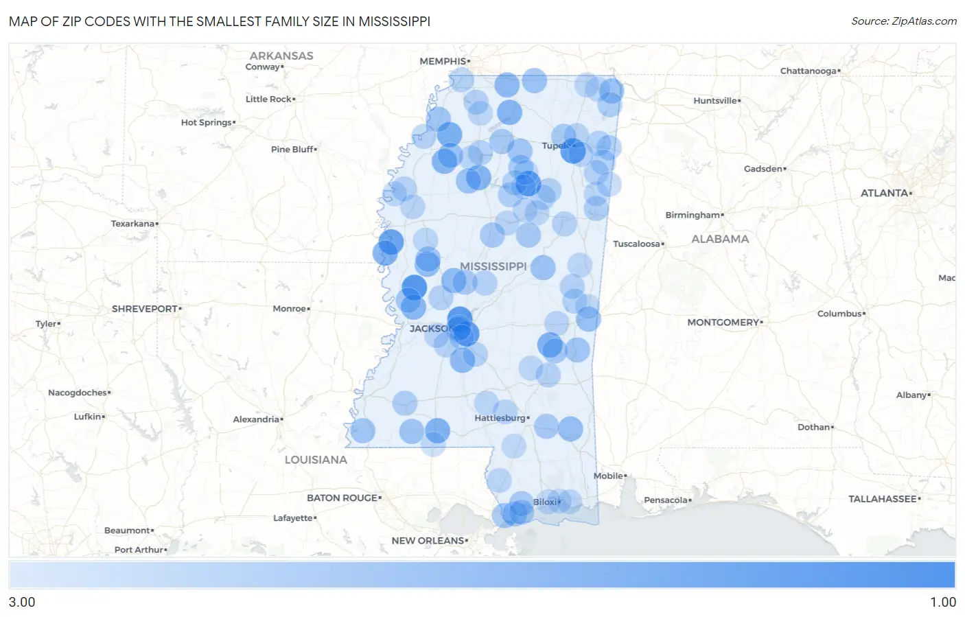 Zip Codes with the Smallest Family Size in Mississippi Map