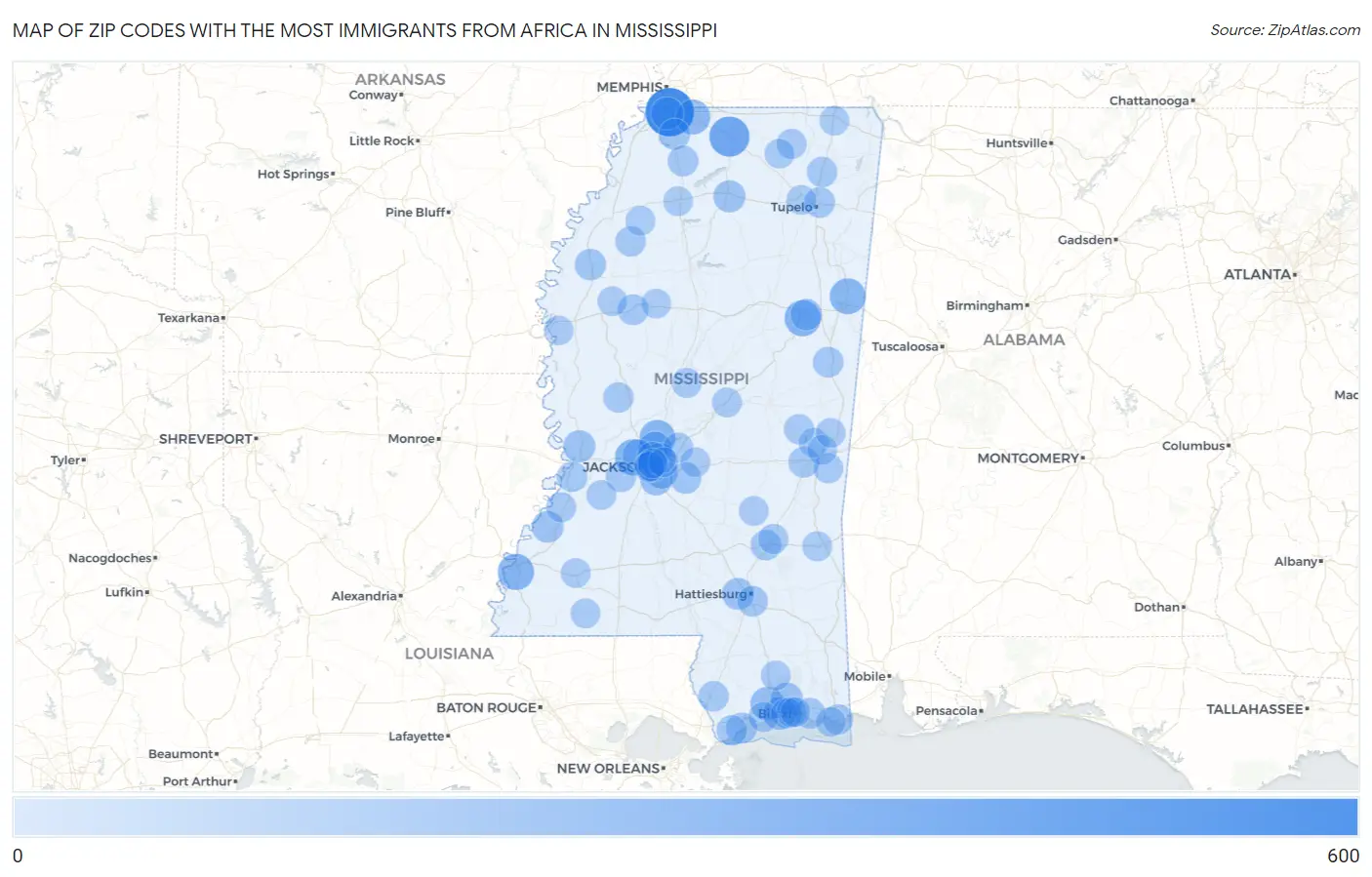 Zip Codes with the Most Immigrants from Africa in Mississippi Map