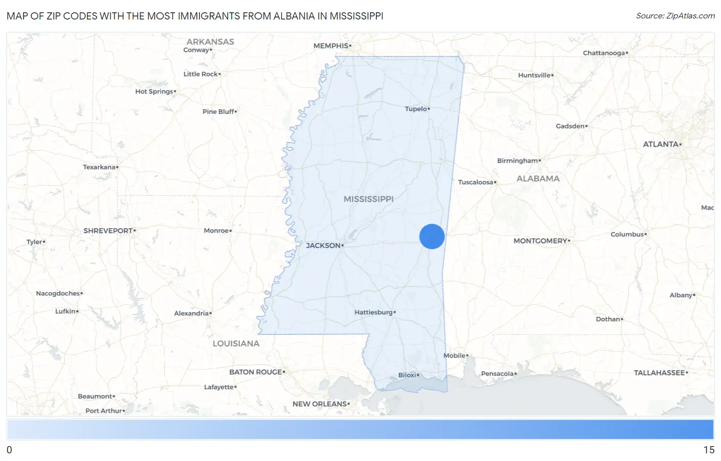 Zip Codes with the Most Immigrants from Albania in Mississippi Map