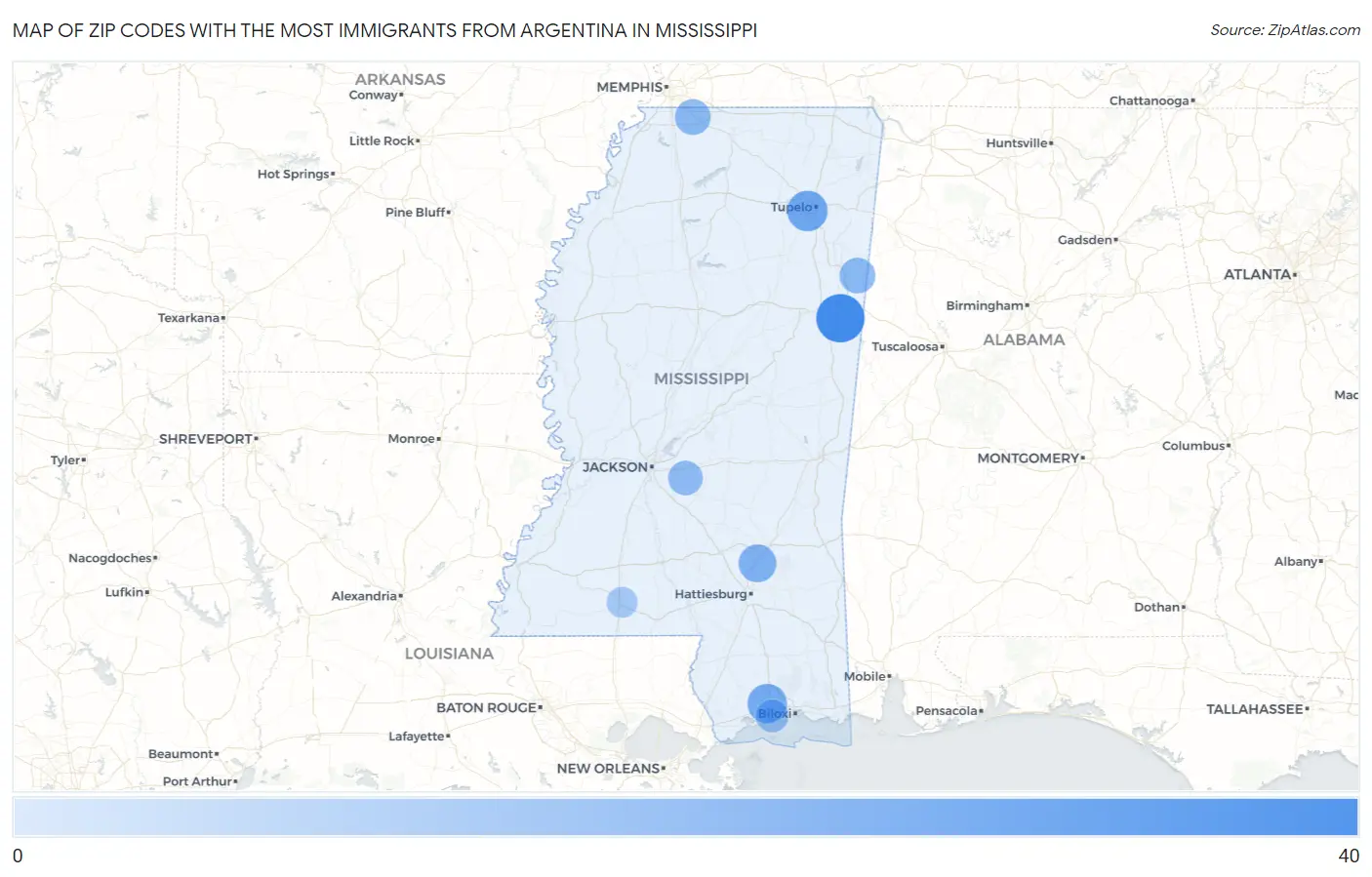 Zip Codes with the Most Immigrants from Argentina in Mississippi Map