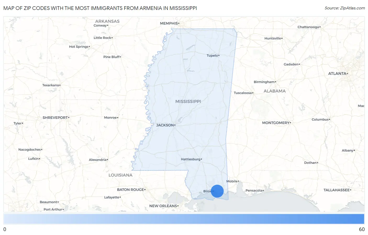 Zip Codes with the Most Immigrants from Armenia in Mississippi Map