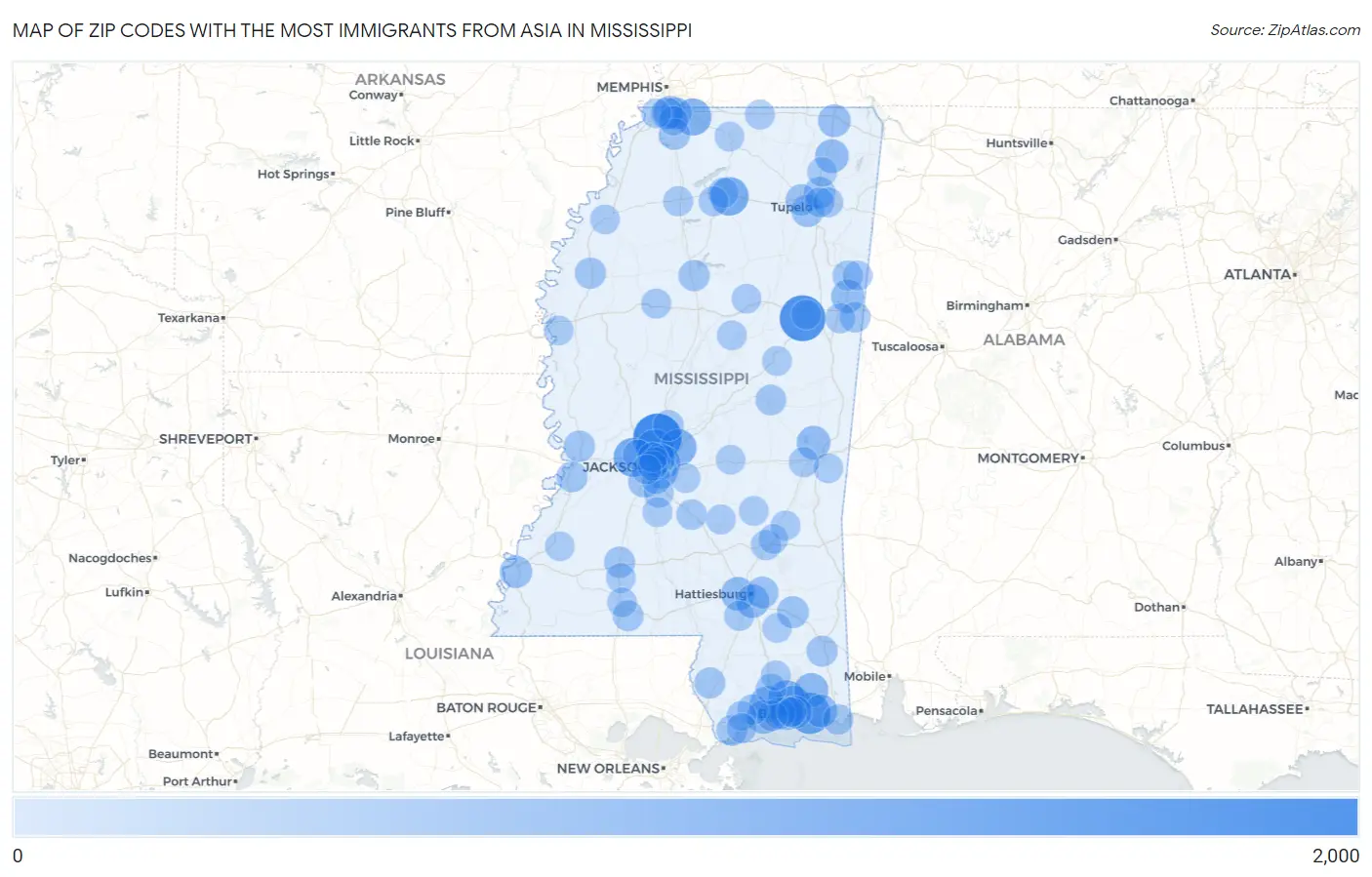 Zip Codes with the Most Immigrants from Asia in Mississippi Map