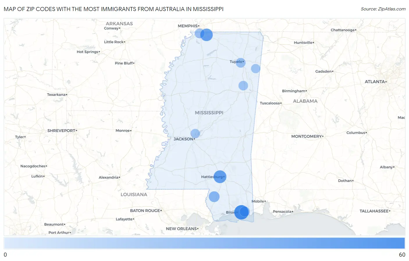 Zip Codes with the Most Immigrants from Australia in Mississippi Map