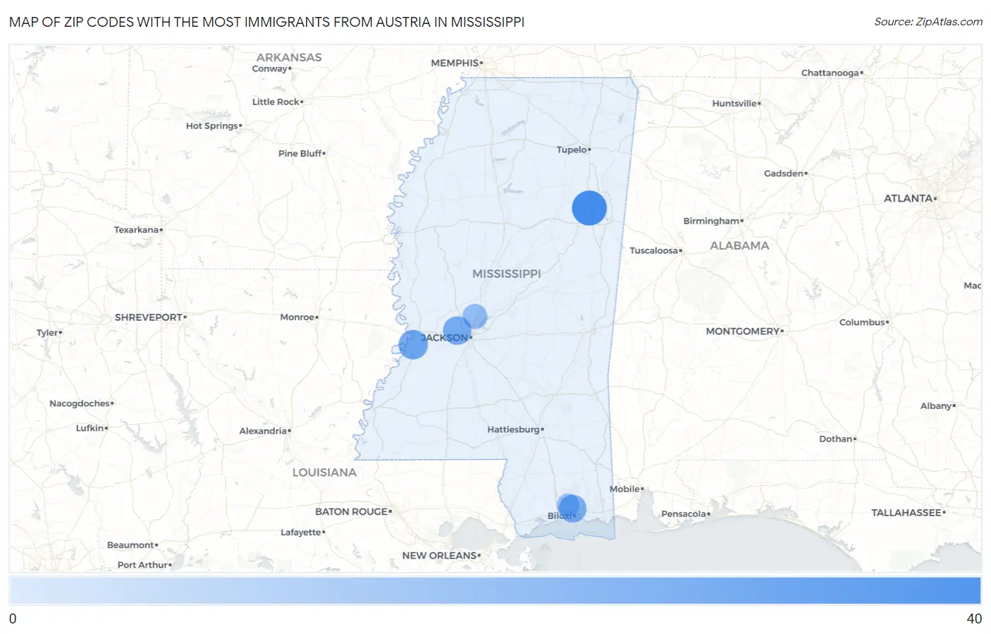 Zip Codes with the Most Immigrants from Austria in Mississippi Map