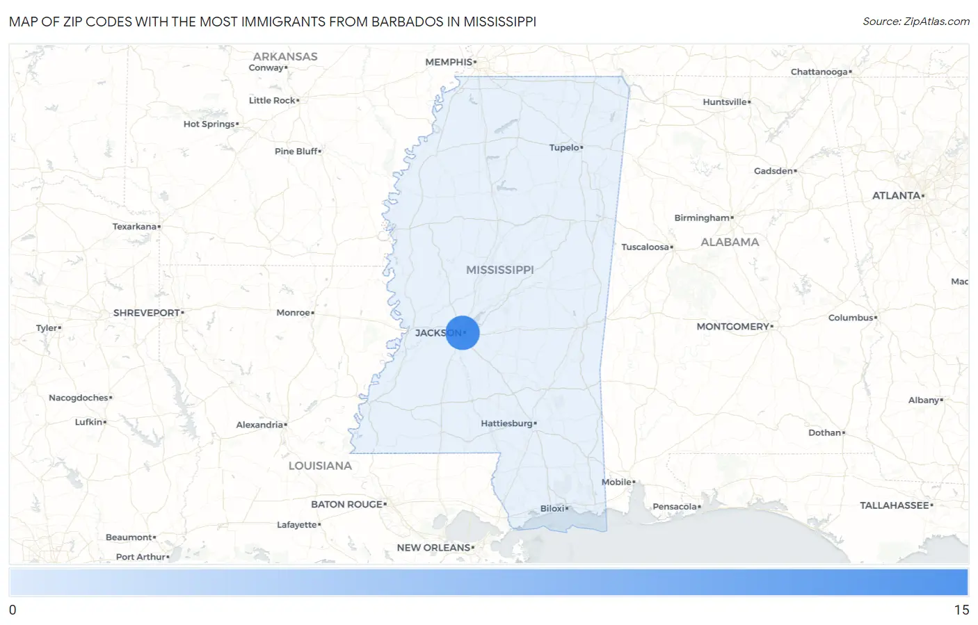 Zip Codes with the Most Immigrants from Barbados in Mississippi Map