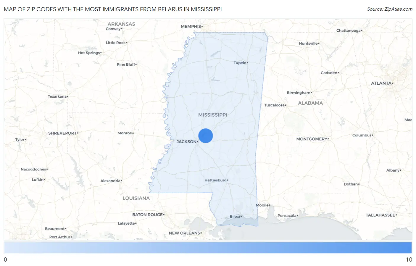 Zip Codes with the Most Immigrants from Belarus in Mississippi Map