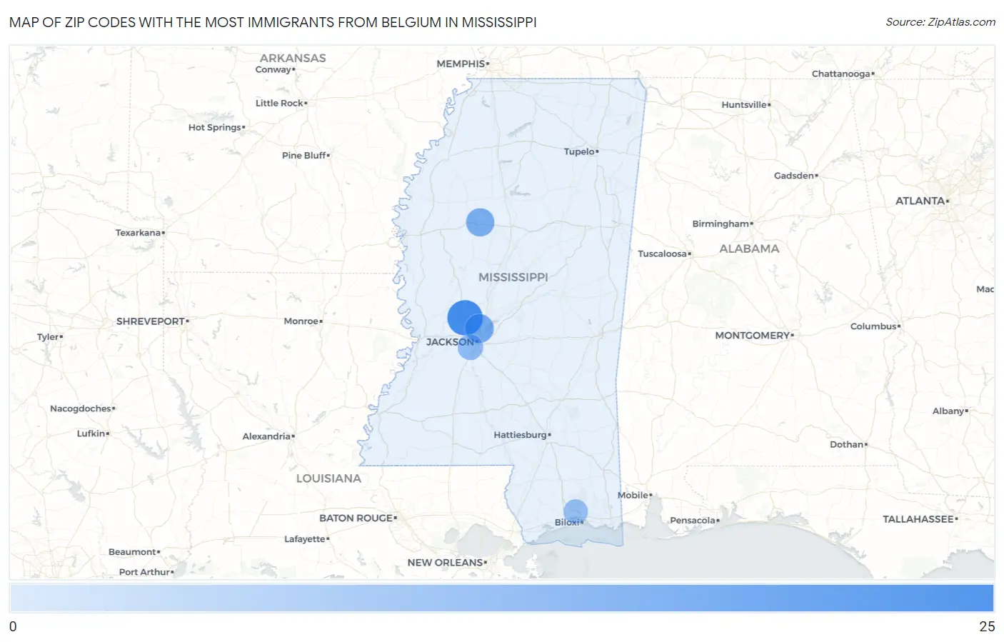 Zip Codes with the Most Immigrants from Belgium in Mississippi Map