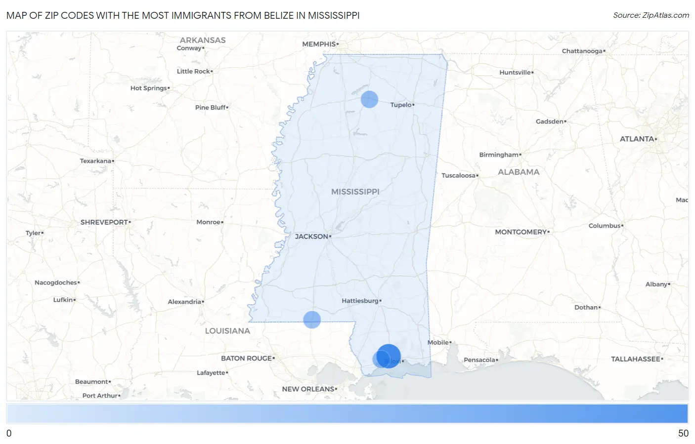 Zip Codes with the Most Immigrants from Belize in Mississippi Map