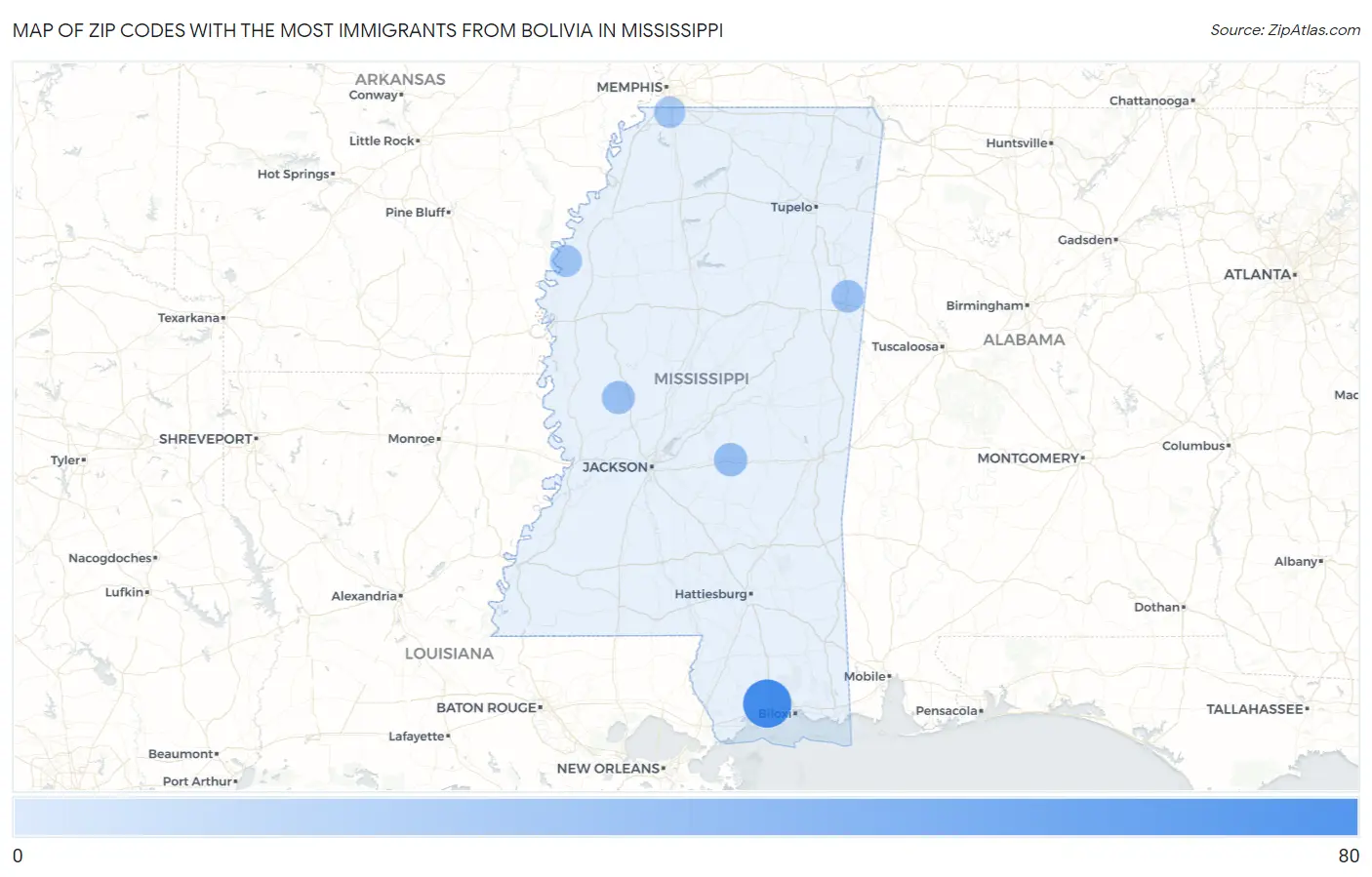 Zip Codes with the Most Immigrants from Bolivia in Mississippi Map
