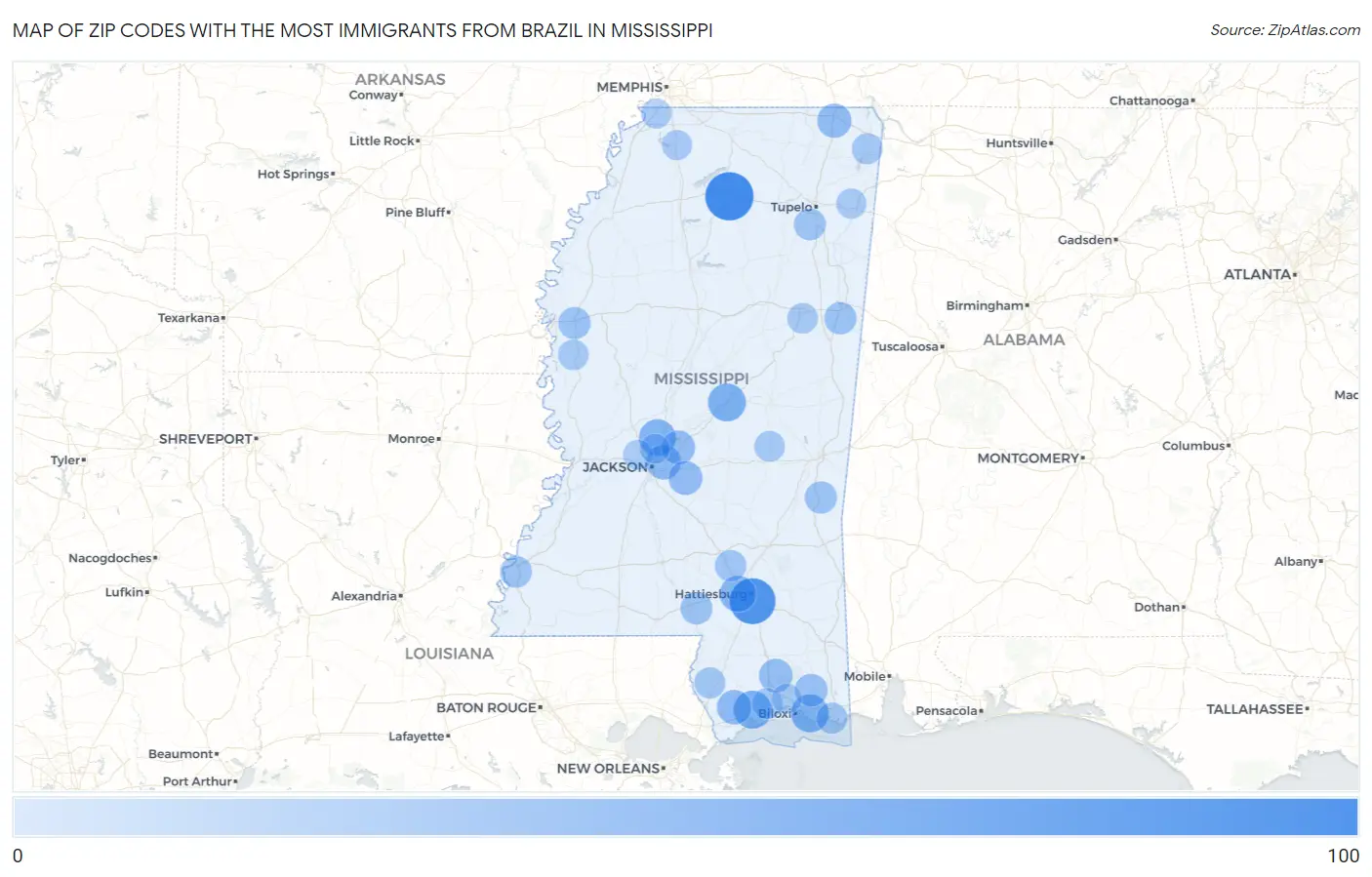 Zip Codes with the Most Immigrants from Brazil in Mississippi Map