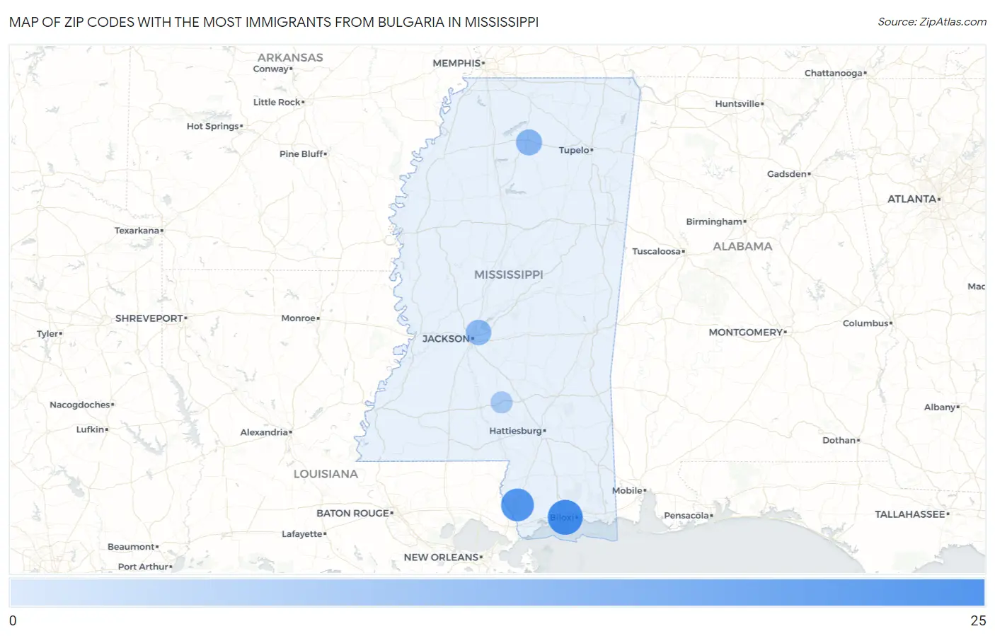 Zip Codes with the Most Immigrants from Bulgaria in Mississippi Map