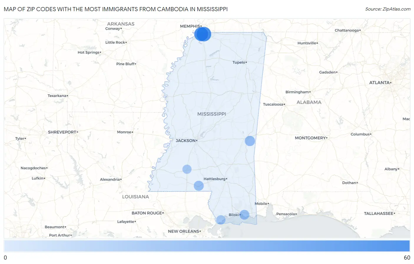 Zip Codes with the Most Immigrants from Cambodia in Mississippi Map