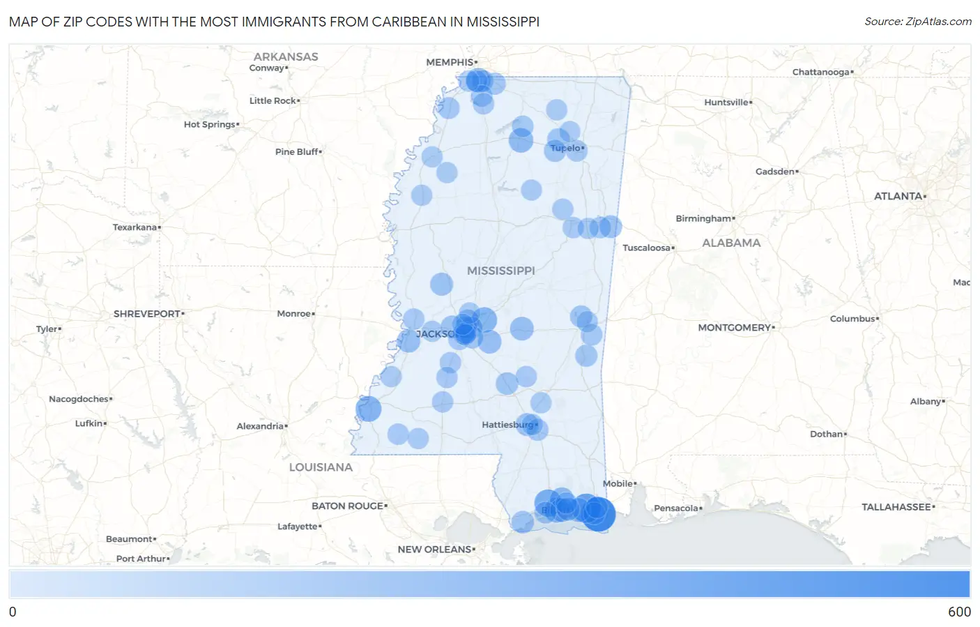 Zip Codes with the Most Immigrants from Caribbean in Mississippi Map
