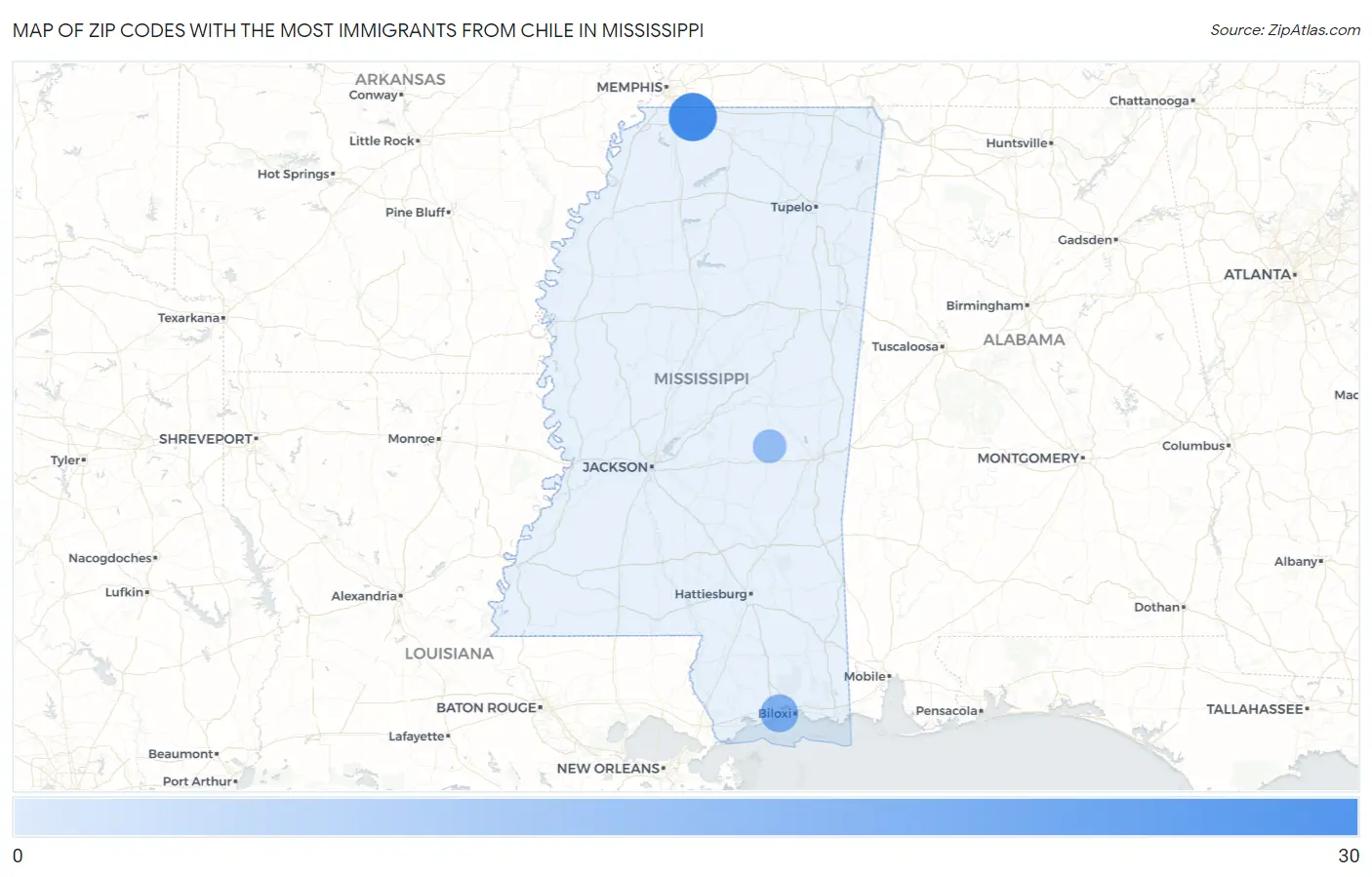 Zip Codes with the Most Immigrants from Chile in Mississippi Map